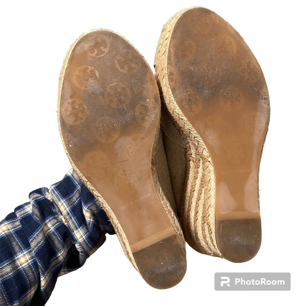 Tory Burch Filipa Wedge Espadrille Peep Toe Canva Beige Shoes Size 5